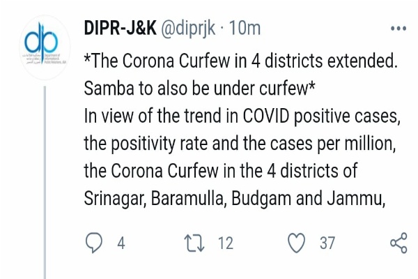 Corona Curfew’ Extended in 4 Districts of J&K Till May 10