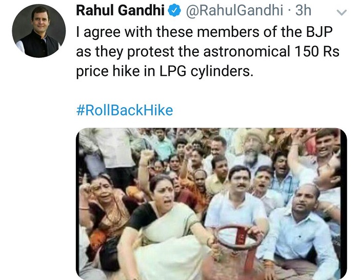 Rahul Gandhi takes a dig at Centre over LPG price hike with throwback pic of BJP
