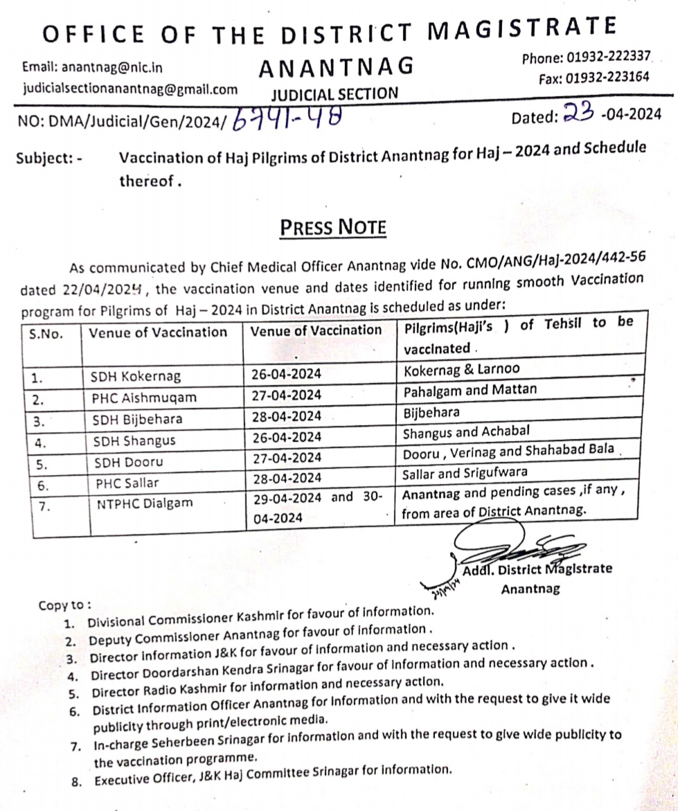 Anantnag district administration announces vaccination schedule for Haj pilgrims